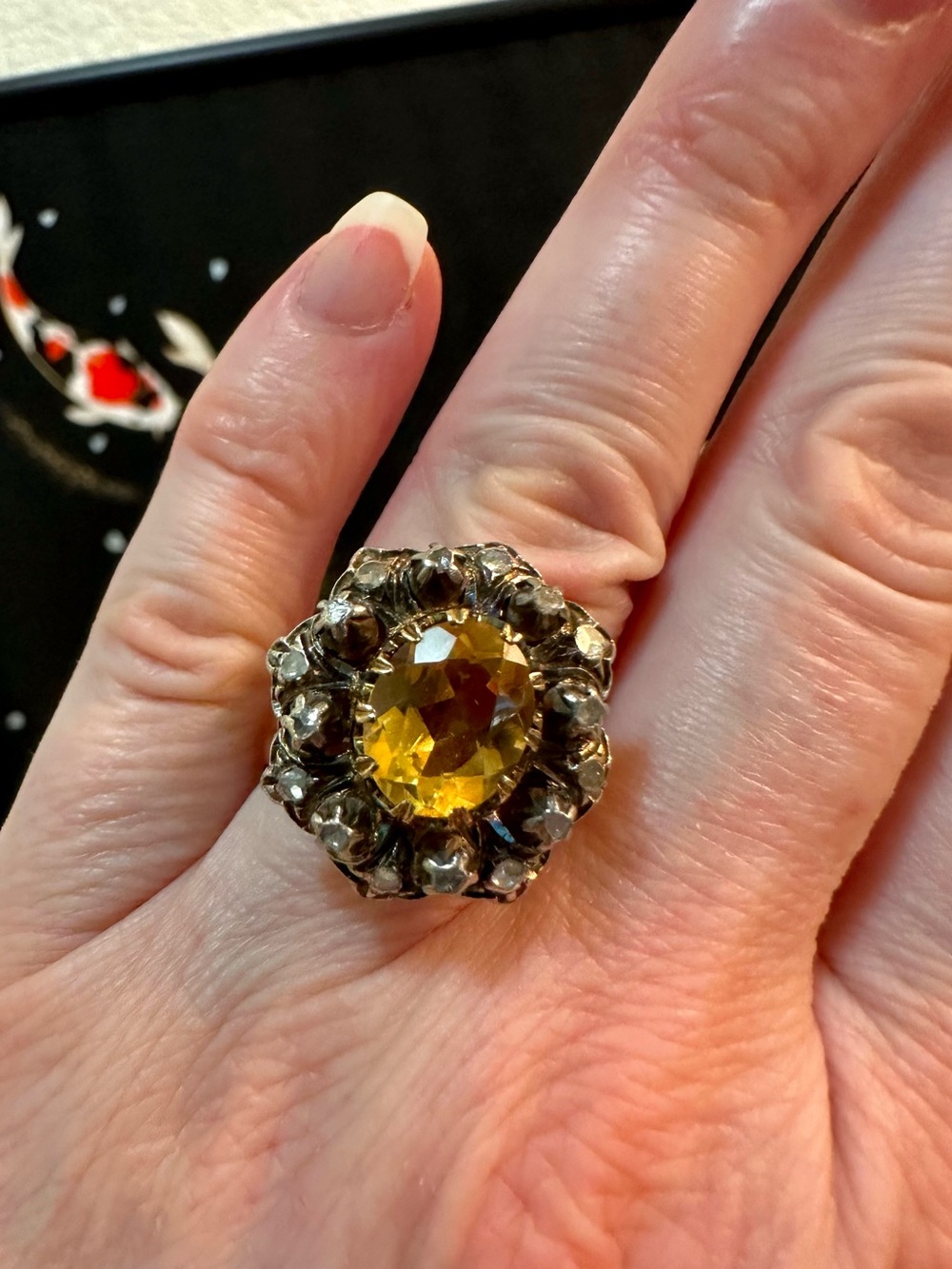 Antique Georgian 16k Gold 3ct Citrine & Diamond Cluster Ring 11.5 Grams Size 6